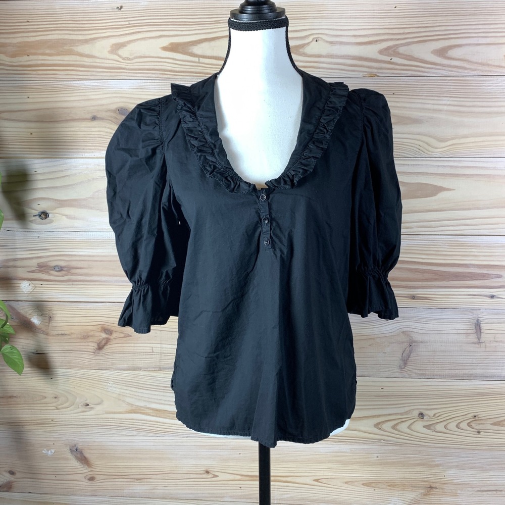Nation LTD Women Small Black Ruffle Puff Sleeve Pima Cotton Top Lux Cottage